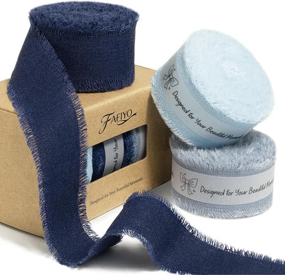 Dark Blue Cotton Ribbon 1 Inch Navy Blue, Dusty Blue & Baby Blue 3 Rolls 21 Yards Frayed Edge Fabric Set for Formal Wedding Decor, Graduation Party, Father's Day, Gift Wrapping & DIY Crafts