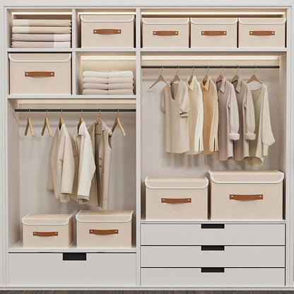 Yawinhe Collapsible Storage Boxes, Stackable Linen Fabric Baskets, Bin with lid and Leather Handle, Washable, for Home, Closet, Beige, 10.2x7.9x6.7 In, 5-Pack, SNK024BEN-5
