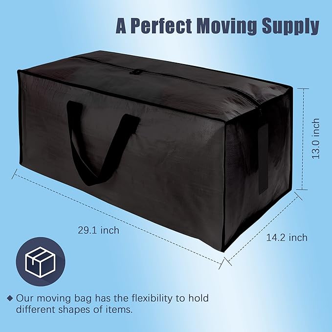 HOMESURE 12 Pack Large Strong Moving Bags with Zippers & Carrying Handles - Water-Resistant - Heavy Duty Storage Tote for Space Saving Moving Storage, Fold Flat, Alternative to Moving Box (Black)