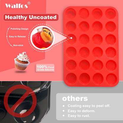 Walfos Mini Silicone Muffin Pan - 24 Cups, BPA Free and Dishwasher Safe, Non-stick Silicone Cupcake Baking Pan, Great for Making Muffin Cakes, Tart