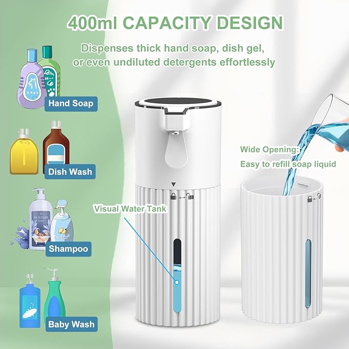 Push-Activated Automatic Soap Dispenser, Continuous Flow Control 400ml Large Capacity AA Battery Powered Waterproof Adjustable Volume Soap Dispenser for Bathroom & Kitchen(Liquid)