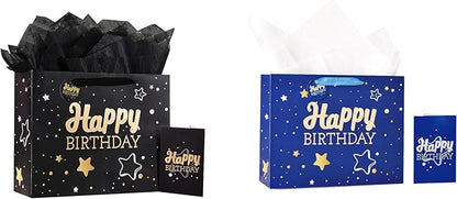 13" Black + Blue Happy Birthday Gift Bag with Tissue Paper and Greeting Card for Party,Happy Birthday Gift Bag for Men Women, Gift Bags Medium size(2 PCS Black & Blue)