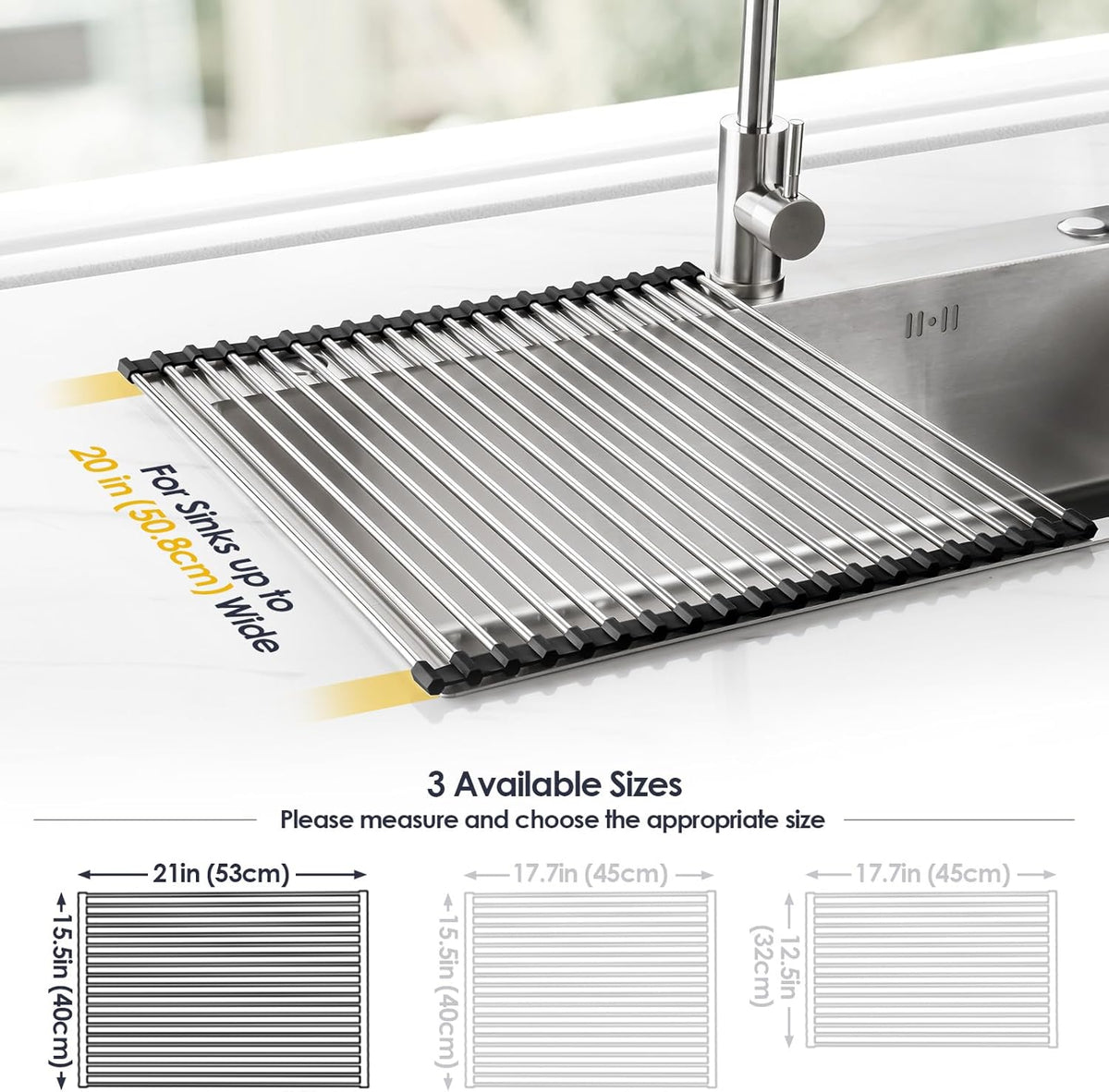 Tomorotec 21" x 15.5" Roll Up Dish Drying Rack Over Sink Drying Rack Sink Cover Kitchen Sink Accessories Gadget Multipurpose Organizer Foldable Stainless Steel Drainer