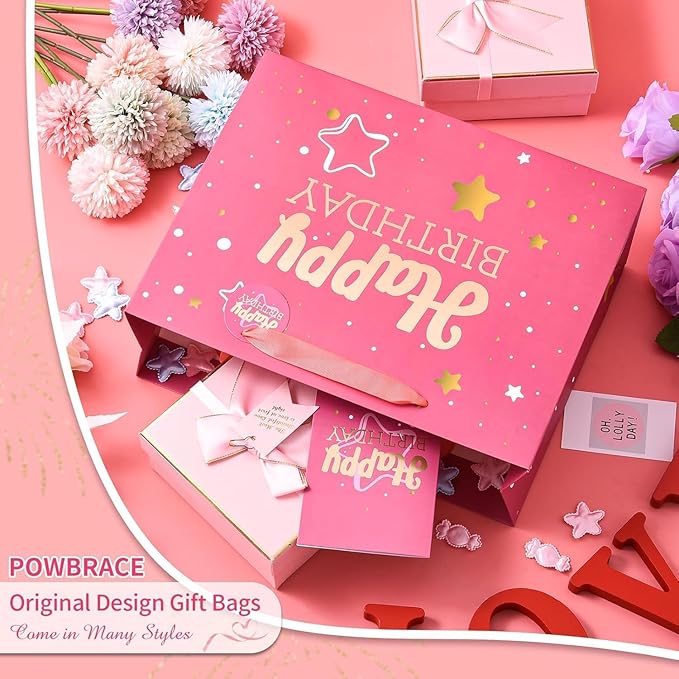 Powbrace 16" Pink Happy Birthday Gift Bag with Tissue Paper and Greeting Card for Party,Happy Birthday Gift Bag for Men Women,Gift Bags Extra Large(2 PCS Pink Hot Stamping)