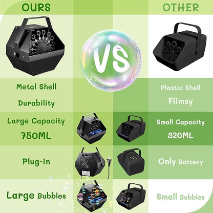 Theefun Bubble Machine: Remote Control 750ML Metal Bubble Blower Machine for 60 Min Usage Time, Plug-in Automatic Bubble Maker for Parties Wedding Birthday Indoor Outdoor, with AC Adapter