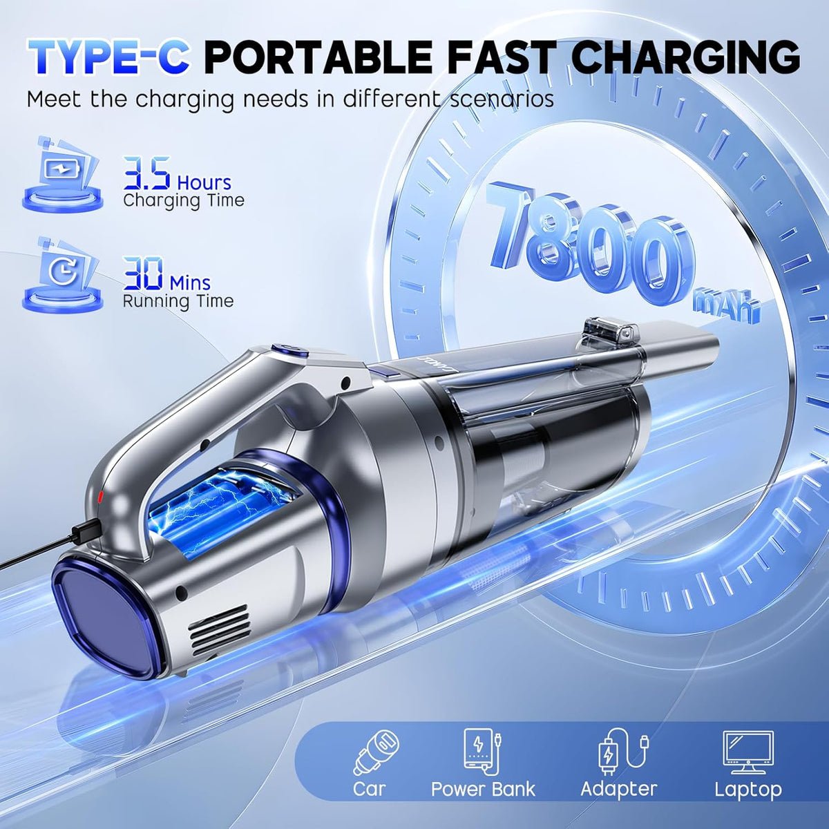 JONYJ Handheld Vacuum Cordless, 16000PA Strong Suction Hand Held Car Vacuum Cleaner, Portable Hand Vacuum Rechargeable with Multi-Nozzles & LED Light for Home, Car, Office, Pets
