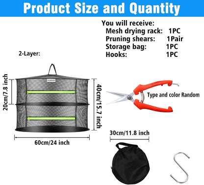 Herb Drying Rack, Breathable Mesh, 2-Layer, Black, Nylon & Polyester, 8x24x24 Inches, 2.2 lbs Capacity, Foldable, Ceiling Mount, Ideal for Herbs, Jerky, Meat, Plants, Fish, Clothes, Nuts