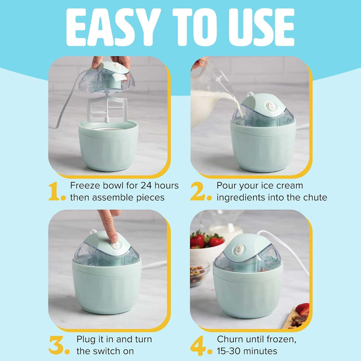 Tasty Mini Ice Cream Maker, Make Ice Cream, Sorbet, Frozen Yogurt, Gelato, Desserts, Quick Results, Single-Serve, Aqua
