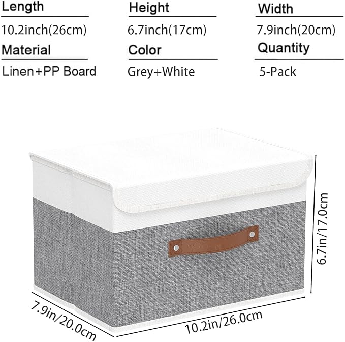 Yawinhe Collapsible Storage Bins, Stackable Boxes with Lids, Cube Clothes Organizer Basket with Handles for Home, Grey and White, 10.2x7.9x6.7 In, 5-Pack, SNK024WGN-5