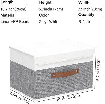 Yawinhe Collapsible Storage Bins, Stackable Boxes with Lids, Cube Clothes Organizer Basket with Handles for Home, Grey and White, 10.2x7.9x6.7 In, 5-Pack, SNK024WGN-5