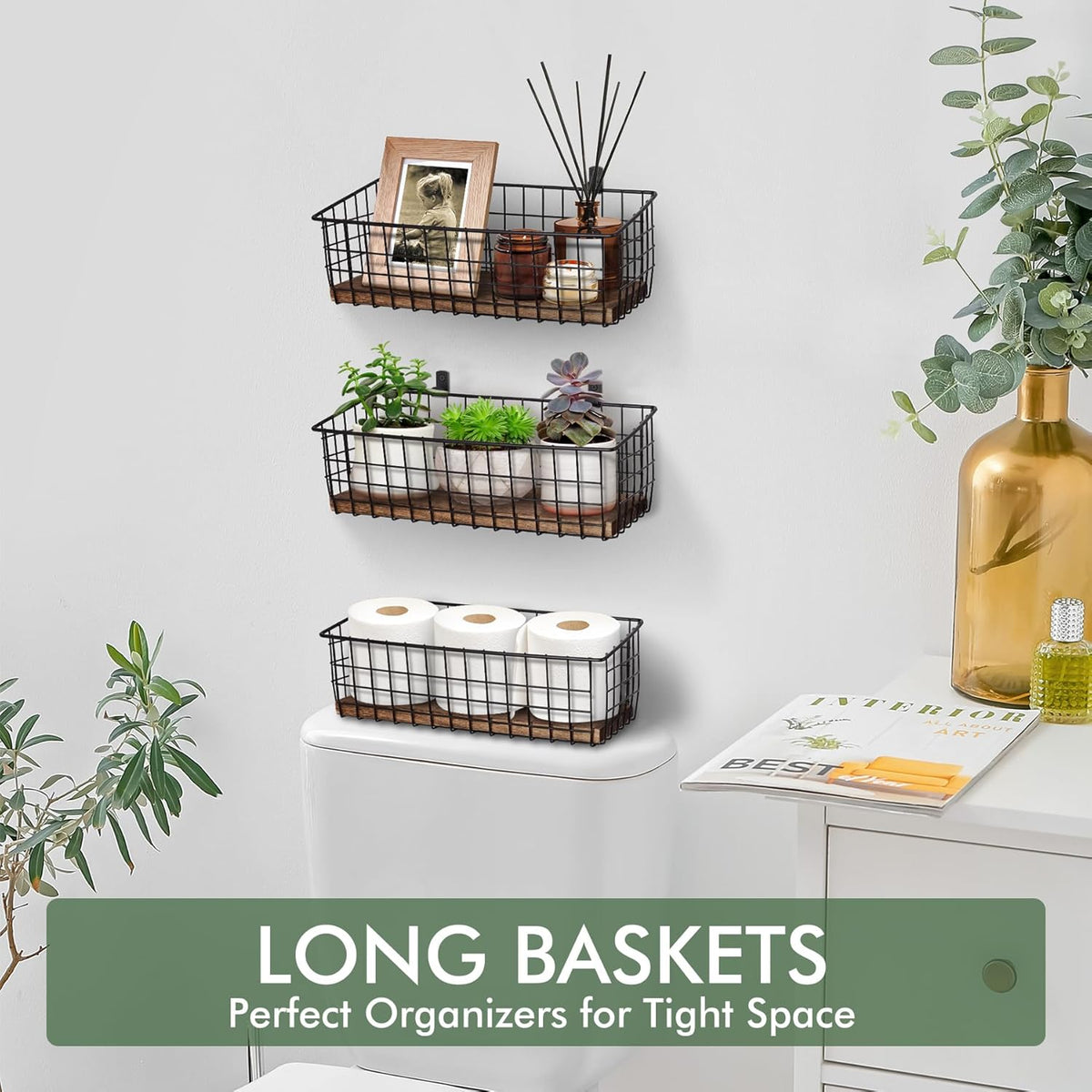 Wall Hanging Baskets 3 Pack, Extra Large Diversified Wire Basket Shelves of Wooden Style, with Wall Mounted Hooks & Traceless Stickers