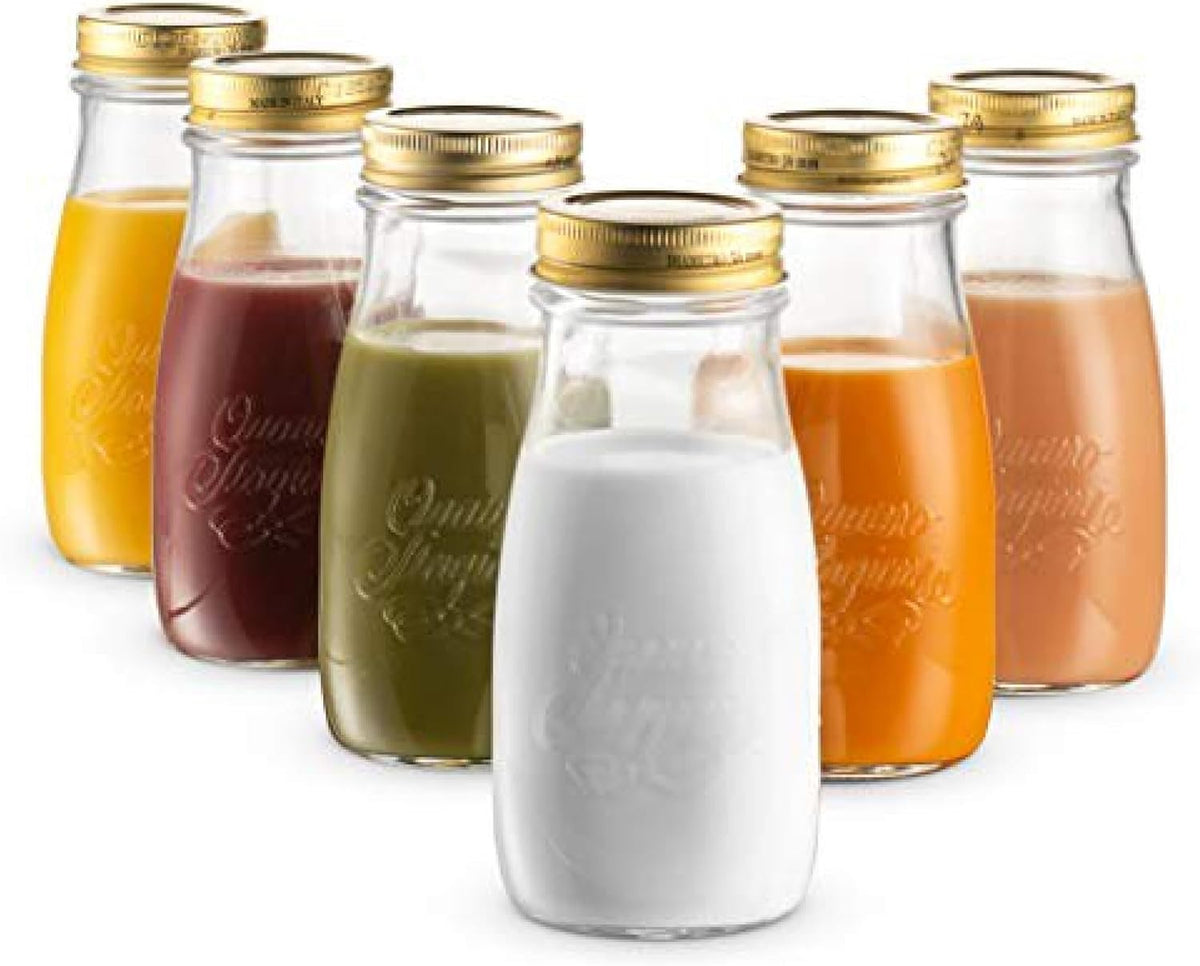 Bormioli Rocco Quattro Stagioni Bottles, Set of 6-13.5 Oz. Clear Glass with Twist Lids for Food Preserving, Beverage Serving, Homemade Gifts