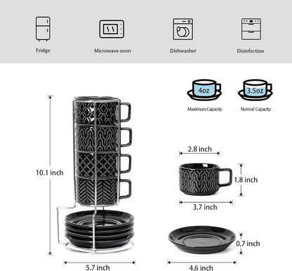 Sureasy Ceramic Espresso Cups Set of 4 – 4 oz Black Stackable Cappuccino Cups with Saucers and Metal Stand, Embossed Mugs for Latte, Mocha, Tea