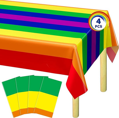 QZYL 4 PCS Pride Decorations, 108 x 54 Inches Disposable Tablecloth, Plastic Rectangle Rainbow Table Covers Stuff, Gay Pride Month Accessories for Rainbow Theme LGBTQ Community Party Decor