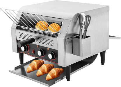 Commercial Conveyor Toaster 450 Slices/Hour Stainless Steel Conveyor Restaurant Toaster 2400W Countertop Electric Industrial Toasters w/Double Heating Tubes for Bun Bagel Bread Baked Food