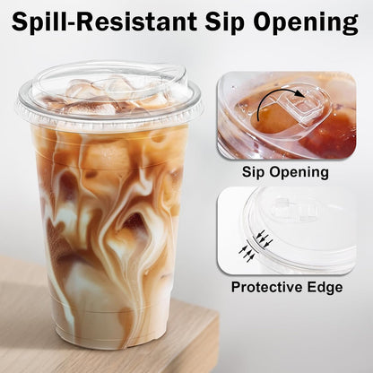 100 Pack 20 oz Clear Plastic Cups with Lids, Disposable Iced Coffee Cups with Sip Lids, Sturdy Plastic Smoothie Cups for Cold Drinks