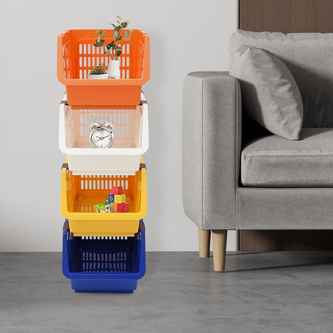 4-Pack Stackable Storage Baskets with 2 Wheels, Large Capacity 38.58 lbs Stackable Storage Bins Open Front, Space Saving Home Organization for Kitchen Bedroom Office (Morandi, 9.5*13.4*29.9 in)