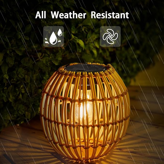 Livinlarge Hanging Solar Lantern Outdoor Waterproof, Large Solar Rattan Lantern Outdoor with Twine Handle, Bright Outdoors Hanging Lights with Edison Bulb for Garden Patio Yard Decoration