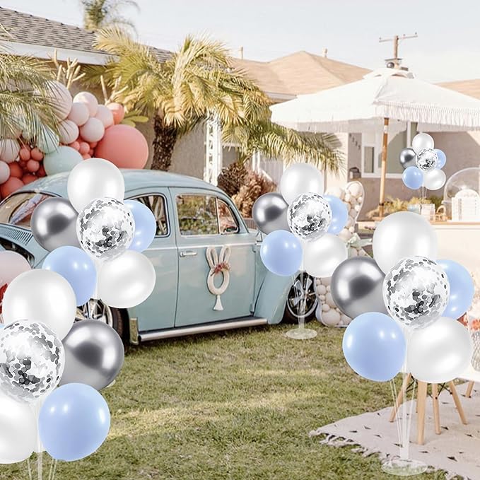 ZJDHPTY 4 Sets Balloon Stand,Light Blue Silver White Balloon Centerpieces for Birthday Baby Shower Bridal Shower Wedding Engagement Anniversary Party Decor