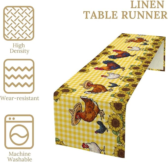 Farm Rooster Table Runner, Retro Western Farmhouse Chicken Sunflower Retro Yellow Buffalo Grid Print Table Runner for Dinning Holiday Party Indoor Outdoor Decor, 13x60inch