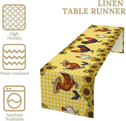 Farm Rooster Table Runner, Retro Western Farmhouse Chicken Sunflower Retro Yellow Buffalo Grid Print Table Runner for Dinning Holiday Party Indoor Outdoor Decor, 13x60inch