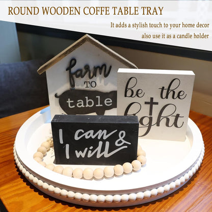 Round Wood Serving Tray with Beaded, 13” Rustic Wooden Decorative Coffee Table Tray for Centerpiece, Ottoman, Farmhouse Circle Trays for Counter