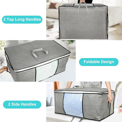 8 Pack 105L Extra Large Comforter Storage Bag, Foldable Bedding Storage Blanket Moving Bags for Clothes Pillows Sweater Dorm, Linen Closet Organizers with 4 Handles & 3 Clear Windows, Grey