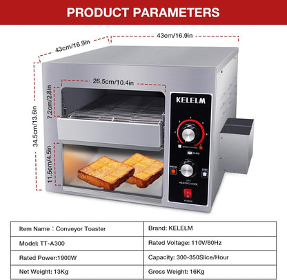 Conveyor Toaster,Commercial Toaster, Heavy Duty Restaurant 300 Slices for Bread Bun Bagel Baked Food,1.9KW