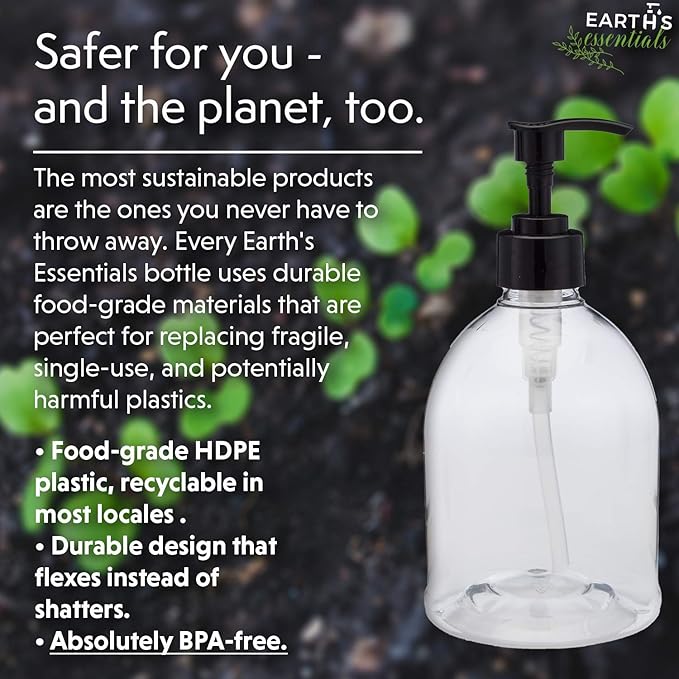 (2 Pack) Earth's Essentials Versatile 16 Ounce Refillable Designer Pump Bottles. Excellent Liquid Hand Soap, Homemade Lotion, Shampoo and Massage Oil Dispensers. Shatterproof PET Plastic.