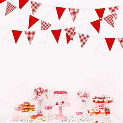 32Ft Red Party Decorations Red Plaid Checkered White Triangle Flag Gingham Pennant Bunting Fabric Garland for Christmas Wedding Birthday Carnival Picnic X-mas Outdoor Home Party Festivals Decoration