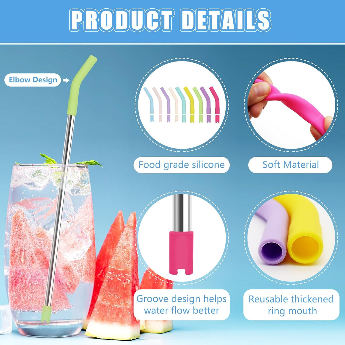 Keifin 18 Pcs 8mm 10mm Silicone Straw Tips with Bottom Sleeve Reusable Food Grade Rubber Straw Tips for Metal Glass Straws Replaceable Flex Toppers
