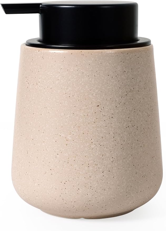 INGOFIN Ceramic Lotion Dispenser - 12 oz Hand Soap Dispenser Bathroom, Modern Liquid Dispenser with Pump, Refillable Dish Soap Bottle for Kitchen, Beige