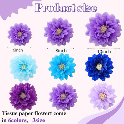 Geyee 18 Pcs Mexican Paper Flowers Colorful Fiesta Tissue Paper Flowers Pom Poms Mexican Carnival for Floral Party Backdrop Wedding Birthday Party Craft, 6" 8" 10"(Blue Purple Series)