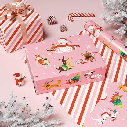 WERNNSAI Dog Christmas Wrapping Paper Roll - 1 Roll 17”x 33 ft Pink Puppy Christmas Wrapping Paper Reversible Red Candy Cane Stripe Gift Wrap for Kids Adults Xmas Winter Puppy Party Celebration