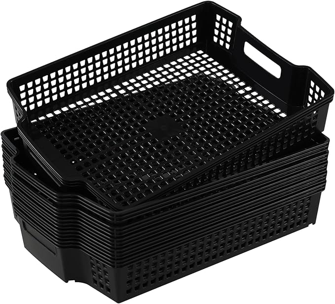 6 Packs Plastic Stacking Storage Baskets, Paper Storage Basket Tray, Black