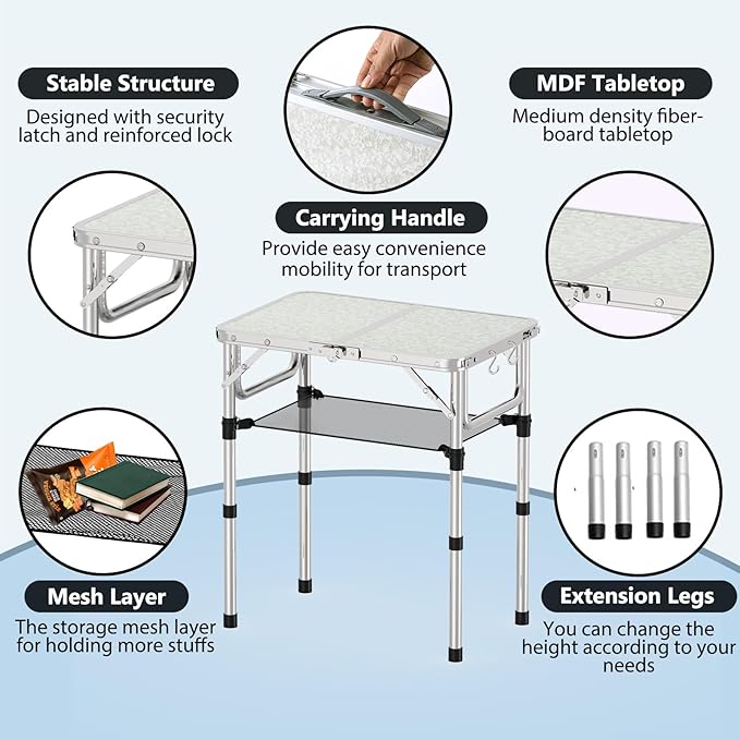 YihuiKo Small Folding Picnic Table with Storage Net, 3 Adjustable Heights 27.5" Aluminum Lightweight Portable Table with Carrying Handle for Camping Travel and Indoor