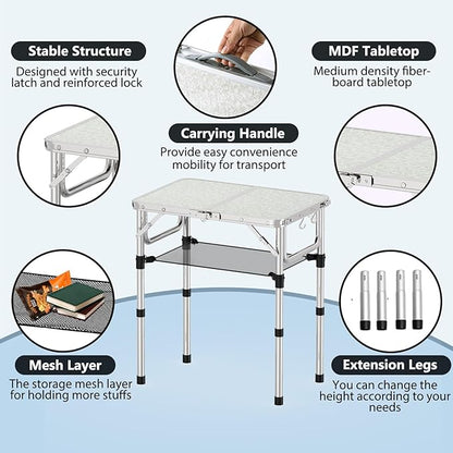 YihuiKo Small Folding Picnic Table with Storage Net, 3 Adjustable Heights 27.5" Aluminum Lightweight Portable Table with Carrying Handle for Camping Travel and Indoor