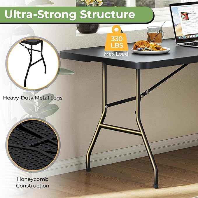 Goplus 6ft Folding Table, Indoor Outdoor Foldable Plastic Folding Tables, Heavy-Duty Rectangular Fold Up Table w/Handle, Portable Utility Card Table for Picnic, Party, Dining, Camping, Beach, Black