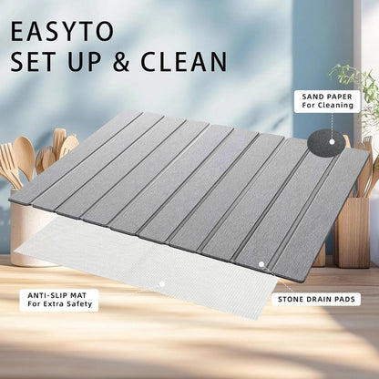Stone Drying Mat for Kitchen Counter, Collapsible Dish Drying Mat, Fast Drying Diatomaceous Earth Dish Drying Mats, Water Absorbent Diatomite Kitchen Mat (grey, small)