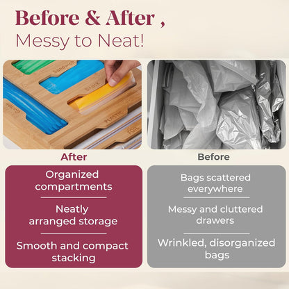 Bamboo Kitchen Storage Bag Organizer, Drawer Organizer with Foil Dispenser, Bamboo Organizer for Sandwich Bags, Plastic Wrap, Baggie and Foil, Premium Kitchen Drawer Organizer