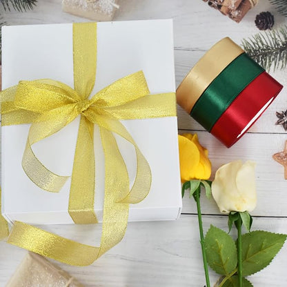 TONIFUL 5 Colors Christmas Ribbon 1 Inch x 125 yds Solid Glitter Satin Ribbon Set for Crafts Gifts Wrapping Ornaments Hanging Christmas Tree Decorations