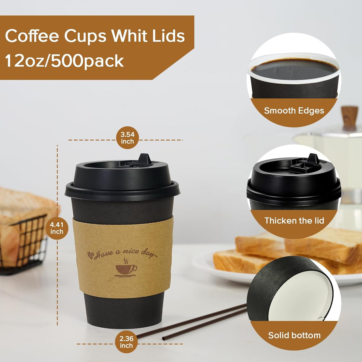 Litopak 500 Pack 12 oz Disposable Coffee Cup with Lids, Sleeves, and Stirring Sticks, Black To Go Paper Coffee Cups for Home, Travel, Office, Party