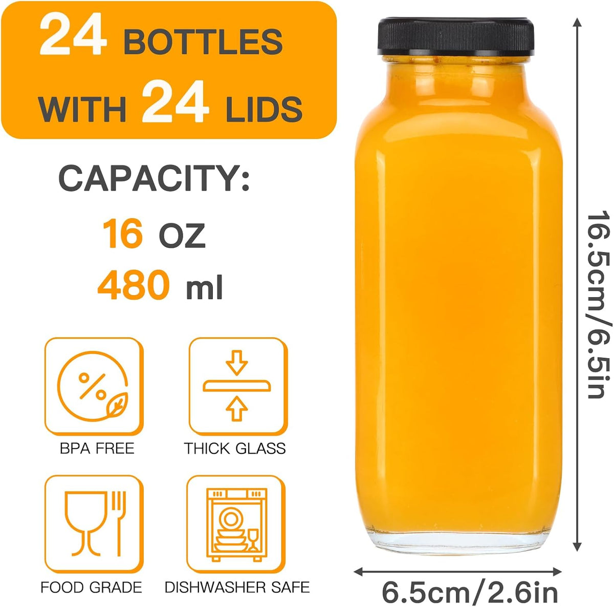 Cucumi 24pcs 16oz Glass Juice Bottles with Lids, Reusable Vintage Glass Drinking Bottles with Blank Labels, Brush, Straws, Funnel for Storing Tea