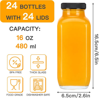 Cucumi 24pcs 16oz Glass Juice Bottles with Lids, Reusable Vintage Glass Drinking Bottles with Blank Labels, Brush, Straws, Funnel for Storing Tea