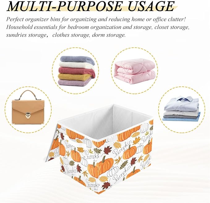 Large Collapsible Storage Bins with Lids, Pumpkin Leaf Fall Autumn Storage Baskets Organizer Containers with Handles for Clothes