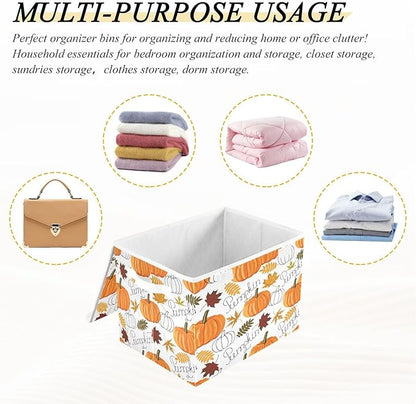 Large Collapsible Storage Bins with Lids, Pumpkin Leaf Fall Autumn Storage Baskets Organizer Containers with Handles for Clothes