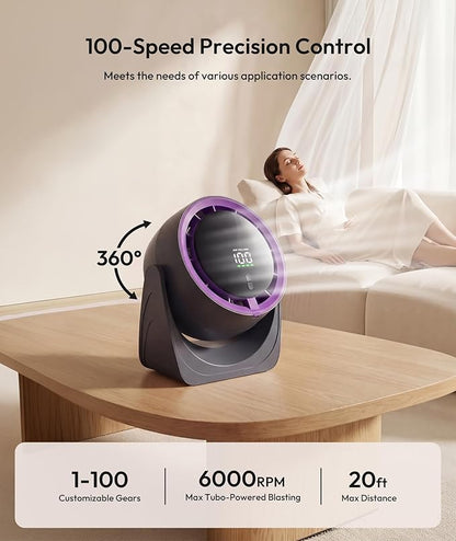 SPONVATT Rechargeable USB Desk Fan for Bedroom, Quiet Table Fan With Turbo Airflow, 100 Speeds,LED Digital Display, 360° Rotating, Small Personal Cooling Fans for Bedroom Home Office Dorm(Purple Gray)