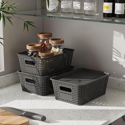 Resze 6-Pack Plastic Storage Bins with Lids, Stackable Organizer Baskets & Containers for Pantry, Kitchen, Cabinet, Closet, Bathroom Organization Toys, Space Saving, Easy-Carry Handles,Gray