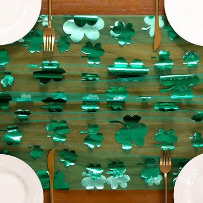 Socomi Green Lucky Shamrock St. Patrick's Day Table Runner Gauze Seasonal Spring Holiday Dining Table Decoration for Home Party Decor 1pc