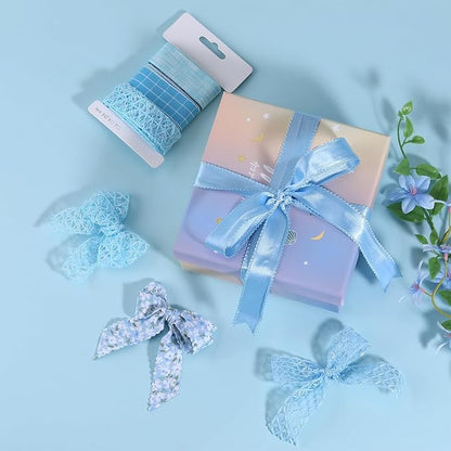 BEEFLYING 3 Styles Light Blue Wire Edged Ribbons for Gift Wrapping Decoration 25~28mm×2.7m Chiffon Ribbons Organza Ribbons for Wedding Party Hair Bows Flower Designs Sewing and Craft, 9 Yards